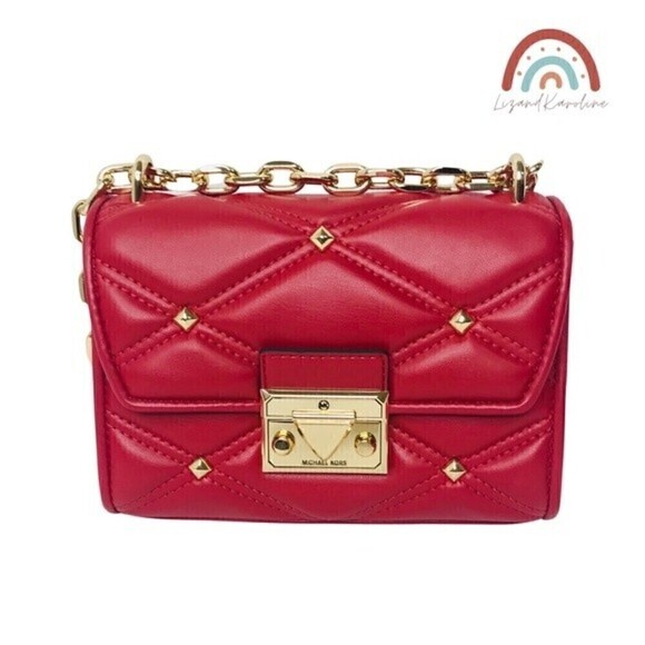 New! Michael Kors SM Flap XBody Serena Chili Quilted Stud Chain Mini Crossbody - Picture 4 of 16